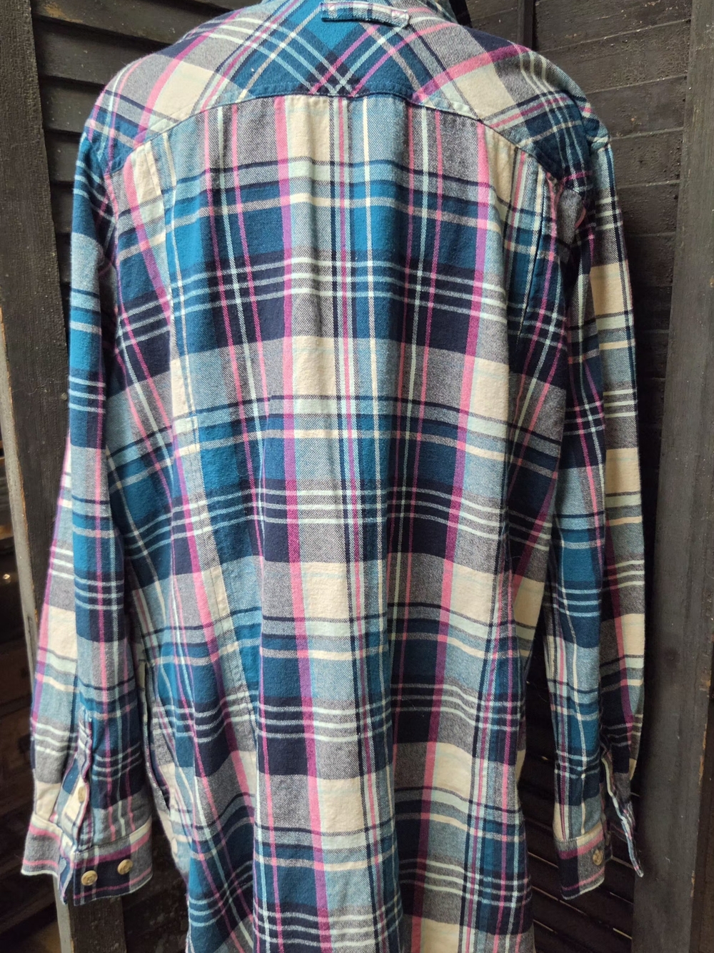 Duluth Trading Co Teal, Navy & Pink Plaid Button-Front Shirt - Picture 3 of 4